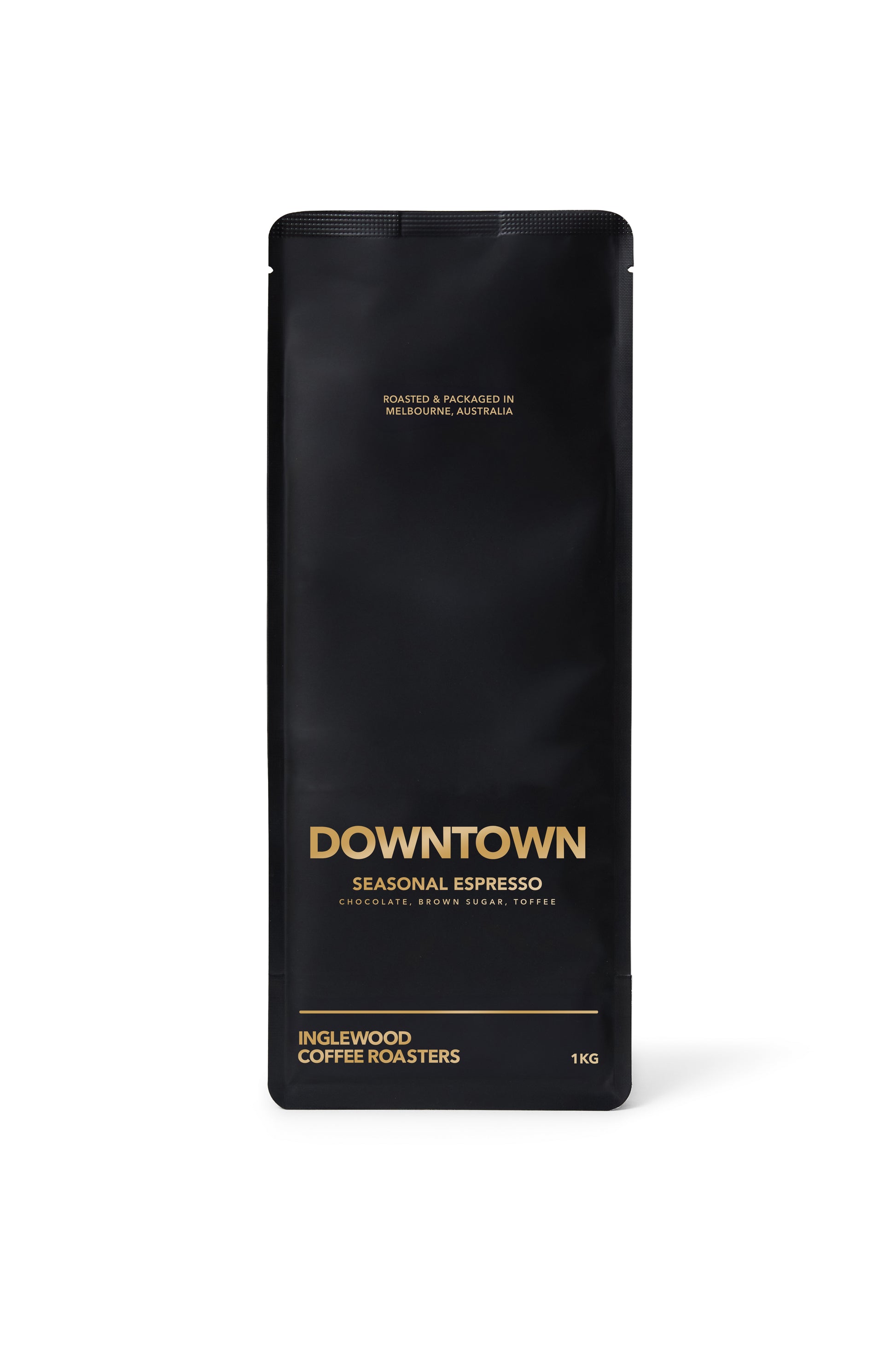 Downtown seasonal espresso 1kg coffee bag on a white background
